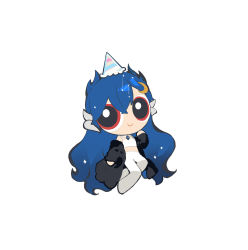 Rule 34 | 1girl, black jacket, blue hair, cartoonized, chibi, cloud9, crescent, crescent hair ornament, crop top, dragon girl, dragon horns, hair ornament, hat, hayamafair, highres, horns, jacket, long hair, off shoulder, pants, parody, party hat, powerpuff girls, red eyes, shirt, sleeves past wrists, smile, solo, style parody, toon (style), very long hair, vienna (vtuber), vienna (vtuber) (1st costume), virtual youtuber, white background, white pants, white shirt