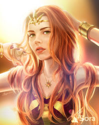 Rule 34 | 1girl, alternate costume, artist name, bracelet, circlet, fingernails, freckles, green eyes, highres, jewelry, league of legends, leona (league of legends), long hair, looking at viewer, md5 mismatch, nail polish, necklace, orange hair, owarinaisora, parted lips, red nails, resized, resolution mismatch, signature, solo, tiara, upscaled, watermark, aged down