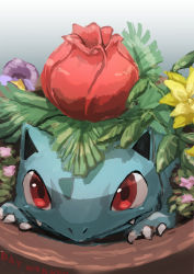 Rule 34 | absurdres, animal focus, artist name, claws, closed mouth, creatures (company), day walker1117, english text, engrish text, fern, flower, game freak, gen 1 pokemon, gradient background, grey background, highres, ivysaur, nintendo, no humans, pink flower, plant, pokemon, pokemon (creature), potted plant, purple flower, ranguage, red eyes, signature, simple background, solo, yellow flower