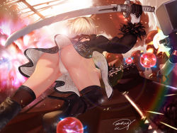 Rule 34 | 1girl, absurdres, action, artist name, ass, back cutout, backless dress, backless outfit, black dress, black footwear, black gloves, black hairband, black thighhighs, boots, broadsword, brown thighhighs, chain, clothing cutout, dress, drone, dual wielding, energy ball, fire, firing, floating, from behind, gloves, greatsword, hairband, high heel boots, high heels, highleg, highleg leotard, highres, holding, holding sword, holding weapon, huge weapon, juliet sleeves, katana, leg up, legs apart, leotard, long sleeves, machinery, nier:automata, nier (series), pod (nier:automata), puffy sleeves, ribbed dress, robot, short dress, short hair, shoulder blades, side slit, signature, silver hair, smoke, solo, stiletto heels, sword, thigh boots, thighhighs, thighs, thong, thong leotard, upskirt, vambraces, waterring, weapon, white leotard, 2b (nier:automata)