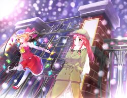 Rule 34 | 2girls, arms behind back, aru0607, ascot, blonde hair, braid, closed umbrella, coat, dutch angle, flandre scarlet, flying, gate, green eyes, hat, hat ribbon, highres, hong meiling, juliet sleeves, light particles, long hair, long sleeves, looking at another, mary janes, mob cap, multiple girls, night, one eye closed, outdoors, outstretched arm, puffy sleeves, red eyes, red hair, ribbon, scarlet devil mansion, shoes, short hair, side ponytail, sideways glance, skirt, skirt set, smile, snowing, star (symbol), thighhighs, touhou, twin braids, umbrella, white legwear, wings, wink, zettai ryouiki