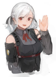 Rule 34 | 1girl, black shirt, blush, breasts, girls&#039; frontline, hand up, looking at viewer, medium breasts, medium hair, open mouth, rampart1028, red eyes, ribbon, shirt, silver hair, simple background, sketch, smile, solo, spas-12 (girls&#039; frontline), upper body, white background