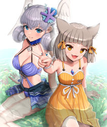 Rule 34 | 2girls, absurdres, animal ears, bikini, blue eyes, breasts, cat ears, character doll, chest jewel, cleavage, curly hair, dress, dress swimsuit, dromarch (xenoblade), facial tattoo, fang, gonzarez, grey hair, hair ornament, hair ribbon, head wings, highres, legs together, light blush, looking at viewer, melia antiqua, melia antiqua (resort style), multiple girls, navel, nia (fancy sundress) (xenoblade), nia (xenoblade), official alternate costume, open mouth, partially submerged, ribbon, ripples, short hair, sitting, smile, stomach, sundress, swimsuit, tattoo, thighs, v, water, wings, xenoblade chronicles (series), xenoblade chronicles 1, xenoblade chronicles 2, yellow eyes