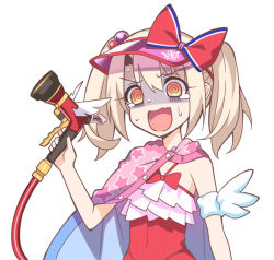 Rule 34 | 1girl, @ @, aoi masami, blonde hair, blue bow, bow, cape, commentary request, covered navel, fake wings, fang, fate/kaleid liner prisma illya, fate (series), hair between eyes, hair bobbles, hair bow, hair ornament, hand up, holding, holding hose, hose, illyasviel von einzbern, illyasviel von einzbern (swimsuit archer), illyasviel von einzbern (swimsuit archer) (second ascension), one-piece swimsuit, open mouth, orange eyes, pink cape, red bow, red one-piece swimsuit, shaded face, simple background, skin fang, solo, star (symbol), star print, sweat, swimsuit, tagme, tearing up, twintails, two-tone bow, upper body, visor cap, wavy mouth, white background, wings