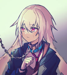 Rule 34 | 1boy, animal ears, ansel (arknights), arknights, black choker, black jacket, blue collar, chain, choker, collar, collared shirt, floppy ears, gloves, gradient background, grey background, hair between eyes, hand up, jacket, leash, male focus, necktie, open clothes, open jacket, pink hair, rabbit ears, red necktie, shirt, short hair, simple background, solo, sweatdrop, trap, upper body, white gloves, white shirt, yoruhachi
