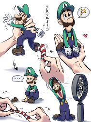 Rule 34 | ..., 1boy, 1other, ?, blue overalls, brown hair, closed eyes, electric fan, facial hair, giant hand, gloves, green headwear, green shirt, hat, heart, highres, kneeling, looking at viewer, luigi, mario &amp; luigi rpg, mario (series), masanori sato (style), mustache, nintendo, open mouth, overalls, red socks, shirt, short hair, simple background, socks, speech bubble, striped clothes, striped socks, two-tone socks, white background, white gloves, white socks, ya mari 6363