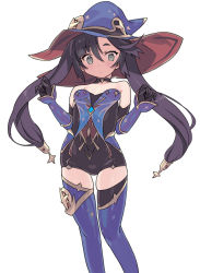 Rule 34 | 1girl, bare shoulders, black hair, blade (galaxist), blue hat, blush, breasts, genshin impact, green eyes, hat, long hair, looking at viewer, mona (genshin impact), mona (pact of stars and moon) (genshin impact), official alternate costume, small breasts, solo, thighhighs, thighs, twintails, witch hat