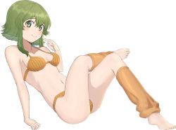 Rule 34 | 1girl, arm support, artistic error, barefoot, blush, bra, breasts, cleavage, collarbone, crossed legs, feet, green eyes, green hair, gumi, index finger raised, leg warmers, looking at viewer, navel, orange bra, orange legwear, orange panties, panties, pianzu mao, short hair, sideboob, sidelocks, simple background, small breasts, smile, solo, striped bra, striped clothes, striped panties, underwear, underwear only, vocaloid, white background