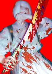 Rule 34 | 1girl, absurdres, artist request, blood, brown eyes, covered mouth, highres, hime cut, japanese clothes, jujutsu kaisen, kimono, looking at viewer, red background, short hair, source request, sword, traditional clothing, uraume (jujutsu kaisen), weapon, white hair