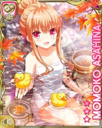 Rule 34 | 1girl, :d, alternate hairstyle, asahina momoko, autumn, bare arms, bare legs, bare shoulders, barefoot, bathing, character name, forest, girlfriend (kari), hair bun, long hair, nature, official art, onsen, open mouth, outdoors, qp:flapper, red eyes, rubber duck, sitting, smile, solo, towel, water, white towel