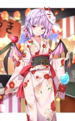 Rule 34 | 1girl, alternate costume, bat wings, blush, candy apple, floral print, food, fox mask, hair between eyes, highres, holding, holding food, japanese clothes, kimono, long sleeves, mask, mask on head, obi, parted lips, pointy ears, print kimono, purple hair, red eyes, remilia scarlet, sabana, sash, short hair, solo, touhou, wide sleeves, wings, yukata