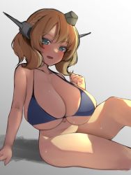 Rule 34 | 1girl, alternate breast size, bikini, blonde hair, blue bikini, blue eyes, bottomless, braid, breasts, cleavage, collarbone, colorado (kancolle), convenient leg, french braid, headgear, highres, huge breasts, kantai collection, looking at viewer, navel, open mouth, short hair, simple background, sitting, solo, swimsuit, white background, yuki to hana
