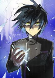 Rule 34 | 1boy, ahoge, black hair, black jacket, broken glass, buttons, commentary request, danganronpa (series), danganronpa v3: killing harmony, dated, double-breasted, floating hair, gakuran, glass, hair between eyes, hand up, highres, jacket, kumakoro (tetsupag), light, long sleeves, looking at viewer, male focus, multicolored background, saihara shuichi, school uniform, serious, short hair, solo, striped clothes, striped jacket, tearing up, upper body, yellow eyes