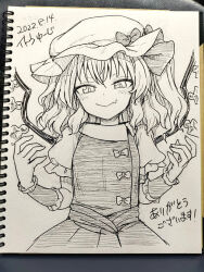 Rule 34 | 1girl, blush, bow, closed mouth, dated, fang, flandre scarlet, hair bow, hat, highres, itou yuuji, looking at viewer, medium hair, mob cap, nib pen (medium), photo (medium), signature, skin fang, skirt, smile, smug, solo, touhou, traditional media, twintails, vest, wings, wristband