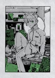 Rule 34 | 1boy, absurdres, border, canvas (object), commission, greyscale, highres, jacket, knee up, limited palette, looking at viewer, male focus, monochrome, on table, original, painting (object), pants, picture frame, seishoobi, shoes, short twintails, sitting, skeb commission, sneakers, solo, spot color, table, track jacket, track pants, track suit, turtleneck, turtleneck jacket, twintails, window, window shadow