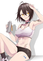 Rule 34 | 1girl, absurdres, ahoge, arm tattoo, armpits, azur lane, baltimore (azur lane), baltimore (black ace) (azur lane), bandaid, bandaid on leg, bare shoulders, black legwear, black shorts, bottle, breasts, brown hair, chest tattoo, choker, cleavage, collarbone, commentary, crop top, flower tattoo, hair between eyes, hand on own head, highres, holding, holding bottle, large breasts, looking to the side, parted lips, short shorts, shorts, shoulder tattoo, sitting, sports bra, suprii, tattoo, water bottle, white footwear, white sports bra, yellow eyes