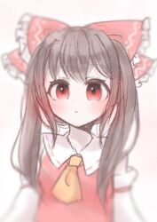 Rule 34 | 1girl, ascot, bare shoulders, blurry, bow, brown hair, commentary request, depth of field, detached sleeves, hair bow, hakurei reimu, highres, long hair, long sleeves, mitama311, red bow, red eyes, red vest, simple background, soft focus, solo, straight-on, touhou, upper body, vest, white background, yellow ascot
