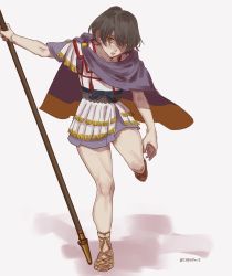 Rule 34 | 1girl, ancient greek clothes, bare legs, black hair, brown eyes, cape, capelin s, greco-roman clothes, highres, holding, holding polearm, holding spear, holding weapon, leg up, original, parted lips, polearm, sandals, short hair, simple background, solo, spear, twitter username, weapon, white background