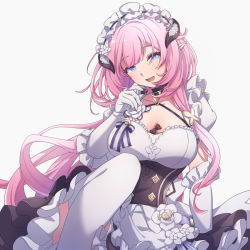 Rule 34 | 1girl, :d, alternate costume, between breasts, blue eyes, breasts, candy, chocolate, chocolate heart, cleavage, dress, elbow gloves, elf, elysia (honkai impact), elysia (miss pink elf) (honkai impact), enmaided, food, frilled dress, frills, gloves, heart, honkai (series), honkai impact 3rd, long hair, looking at viewer, maid, maid headdress, open mouth, pink hair, pointy ears, smile, soha ez, solo, thighhighs, white background, white gloves, white thighhighs