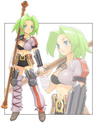 Rule 34 | 1girl, armor, asymmetrical clothes, belt, blue eyes, buckle, green hair, iyokawa, knee pads, looking at viewer, midriff, miniskirt, multiple views, navel, original, rod, shoes, simple background, skirt, staff, standing, stomach, upper body, white background