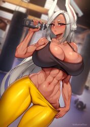Rule 34 | 1girl, abs, absurdres, animal ears, artist name, bare arms, bare shoulders, black sports bra, blurry, blurry background, blush, boku no hero academia, bottle, breasts, cleavage, clothes pull, collarbone, dark-skinned female, dark skin, dumbbell, gluteal fold, gym, hand up, highres, holding, holding bottle, huge breasts, indoors, kokonattsu, long eyelashes, long hair, looking at viewer, mirko, muscular, muscular female, navel, nike (company), pants, pants pull, parted bangs, punching bag, rabbit ears, rabbit girl, red eyes, skindentation, solo, sports bra, stomach, sweat, thighs, tight clothes, tight pants, very long hair, water bottle, white hair, yellow pants, yoga pants