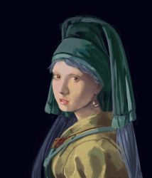Rule 34 | 1girl, absurdres, aqua apron, black background, blue hair, dress, earrings, fine art parody, girl with a pearl earring, haniyasushin keiki, head scarf, highres, huge filesize, jewelry, long hair, looking at viewer, magatama, magatama necklace, necklace, parody, parted lips, portrait, realistic, single strap, sly930105, touhou, yellow dress