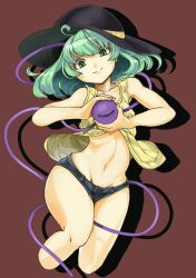 Rule 34 | 1girl, alternate costume, alternate hairstyle, bad anatomy, bad id, bad pixiv id, bare shoulders, commentary request, cropped legs, denim, denim shorts, green eyes, green hair, hakuto hotaru, hat, highres, komeiji koishi, looking at viewer, micro shorts, navel, shorts, smile, solo, thighs, third eye, touhou, wide hips