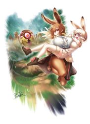 Rule 34 | 2girls, :3, animal ears, black footwear, blonde hair, blush, footwear bow, boots, bow, footwear bow, breasts, brown hair, brown legwear, rabbit ears, rabbit tail, carrying, cellien (kemono friends), center frills, chasing, commentary, crying, dated, day, european hare (kemono friends), extra ears, fleeing, frills, fur-trimmed legwear, fur-trimmed sleeves, fur collar, fur trim, gloom (expression), gradient hair, grass, hair over one eye, highres, huge breasts, kemono friends, long hair, mary janes, monster, mountain hare (kemono friends), multicolored hair, multiple girls, outdoors, pantyhose, pink bow, princess carry, rabbit girl, red eyes, running, scared, shoes, short hair, signature, skirt, smile, speed lines, streaming tears, sweat, nervous sweating, tail, tears, thighhighs, tree, white hair, white legwear, white skirt, yoshida hideyuki, zettai ryouiki