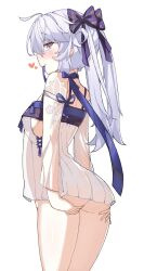 Rule 34 | 1girl, aether gazer, ahoge, ass, ass support, back, bare shoulders, blue ribbon, blush, bow, breasts, detached sleeves, dress, floral print, grey hair, hair bow, hands on own ass, heart, highres, lancer (worudrleh1), long hair, looking at viewer, looking back, medium breasts, purple bow, purple eyes, ribbon, see-through, solo, thighs, white background, zhi ming (aether gazer)
