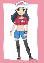 Rule 34 | 1girl, alternate costume, beanie, black hair, black thighhighs, blue shorts, border, bracelet, clenched hands, closed mouth, commentary request, creatures (company), cropped jacket, dawn (pokemon), eyelashes, full body, game freak, grey eyes, hainchu, hair ornament, hairclip, hat, highres, jacket, jewelry, long hair, looking at viewer, nintendo, pink border, pink footwear, pink jacket, pokemon, pokemon (anime), pokemon dppt (anime), poketch, red shirt, shirt, shoes, shorts, sidelocks, smile, solo, split mouth, standing, thighhighs, watch, white background, white hat, wristwatch