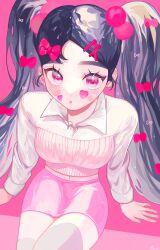 Rule 34 | 1girl, :o, black hair, bow, eyelashes, glint, hair bow, hair ornament, heart stickers, highres, leaning, long hair, long sleeves, looking at viewer, midriff peek, miniskirt, moon oo8, multiple hair bows, navel, original, pink background, pink bow, pink eyes, pink lips, pink skirt, polo shirt, pom pom (clothes), ribbed shirt, shirt, sitting, skirt, solo, sparkling eyes, sticker on face, thighhighs, twintails, very long hair, white shirt, wing collar, x hair ornament
