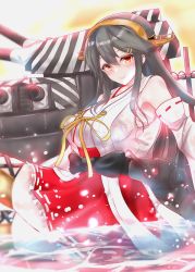 Rule 34 | 1girl, absurdres, black hair, brown eyes, cannon, commentary request, detached sleeves, hair ornament, hairband, hairclip, haruna (kancolle), headgear, highres, japanese clothes, kantai collection, long hair, looking at viewer, machinery, red skirt, ribbon-trimmed sleeves, ribbon trim, shamo (ptwmjgda), skirt, solo, striped, turret, water