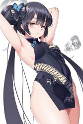 Rule 34 | 3girls, :&lt;, :/, ^ ^, absurdres, arm behind head, armpits, arms up, bare arms, bare shoulders, black dress, black hair, blue archive, blush, breasts, butterfly hair ornament, chibi, china dress, chinese clothes, cho!cho!, closed eyes, closed mouth, commentary request, covered navel, cowboy shot, dragon print, dress, flying sweatdrops, grey eyes, hair bun, hair ornament, halo, highres, impossible clothes, kisaki (blue archive), kokona (blue archive), linea alba, long hair, looking at viewer, multiple girls, narrowed eyes, pelvic curtain, shun (blue archive), side slit, sideboob, sidelocks, simple background, sleeveless, sleeveless dress, small breasts, solo focus, taut clothes, taut dress, thighs, twintails, very long hair, white background
