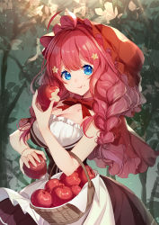 Rule 34 | 1girl, ahoge, alternate costume, apple, basket, bison cangshu, black dress, blue eyes, blush, breasts, collarbone, commentary request, dress, eating, food, fruit, go-toubun no hanayome, hair between eyes, hair ornament, highres, holding, holding basket, holding food, holding fruit, large breasts, long hair, looking at viewer, nakano itsuki, red hair, solo, star (symbol), star hair ornament, white dress