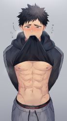 Rule 34 | 1boy, abs, arms behind back, bara, bite mark, black hair, blush, clothes in mouth, clothes lift, come hither, groin, hao (haozz), hickey, lifting own clothes, looking at viewer, male focus, male underwear, male underwear peek, mouth hold, navel, nipples, original, pants, pectorals, shirt in mouth, shirt lift, short hair, simple background, solo, sweatpants, tears, teeth hold, underwear, upskirt