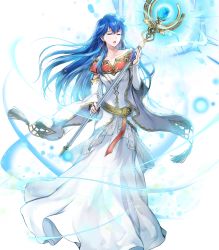 Rule 34 | 1girl, blue hair, bridal gauntlets, closed eyes, dress, earrings, elice (fire emblem), energy, female focus, fire emblem, fire emblem: mystery of the emblem, fire emblem heroes, full body, gold trim, highres, holding, holding staff, jewelry, long dress, long hair, long sleeves, nintendo, non-web source, official art, open mouth, solo, staff, transparent background, white dress, wide sleeves