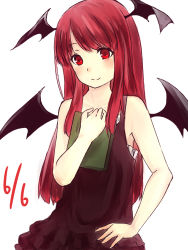Rule 34 | 1girl, bat wings, book, dress, female focus, hand on own hip, head wings, highres, koakuma, kuma (2ch), long hair, nagata nagato, red eyes, red hair, simple background, sketch, smile, solo, touhou, white background, wings
