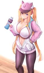 Rule 34 | 1girl, absurdres, adella (some some convenience store), animal hat, bare shoulders, baseball cap, bikini, bikini top only, blonde hair, blush, bottle, breasts, breath, cleavage, commentary request, curvy, drink, gunbam sonyeon, hair ornament, hair scrunchie, hand on own hip, hat, highres, holding, holding bottle, hood, hooded jacket, huge breasts, jacket, korean commentary, long hair, looking at viewer, multicolored hair, navel, nose blush, open clothes, open jacket, open mouth, pantyhose, purple eyes, revision, scrunchie, solo, some some convenience store, sports drink, standing, star (symbol), star hair ornament, stomach, streaked hair, sweat, swimsuit, talesshop, unzipped, very long hair, white bikini, wooden floor, zipper, zipper pull tab
