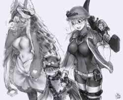 Rule 34 | 1boy, 2girls, animal ears, black shirt, blonde hair, blue pants, brown headwear, cape, dark skin, ears through headwear, fake horns, fangs, furry, glasses, gloves, hat, headlamp, helmet, highres, horned helmet, horns, made in abyss, mechanical arms, multiple girls, nanachi (made in abyss), pants, rabbit ears, regu (made in abyss), riko (made in abyss), shirt, topless male, single mechanical arm, size difference, the golden smurf, whiskers, whistle, whistle around neck, white hair