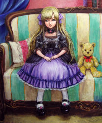 Rule 34 | 1girl, blonde hair, bracelet, child, couch, doll joints, dress, green eyes, hair ribbon, highres, jewelry, joints, long hair, mary janes, md5 mismatch, oil painting (medium), original, painting (medium), pantyhose, realistic, resolution mismatch, ribbon, shoes, solo, source smaller, stuffed animal, stuffed toy, tafuto, teddy bear, traditional media