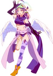 Rule 34 | 1girl, :3, ahoge, angel wings, asymmetrical legwear, azriel (no game no life), blue eyes, breasts, cross, facial tattoo, feathered wings, fuchima, full body, gloves, gradient hair, green hair, halo, heterochromia, highres, horns, long hair, low wings, magic circle, medium breasts, midriff, mismatched legwear, multicolored hair, navel, no game no life, official style, open mouth, scarf, sideboob, single horn, smile, solo, symbol-shaped pupils, tattoo, transparent background, white wings, wing ears, wings, yellow eyes