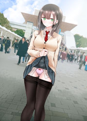 Rule 34 | 1girl, black hair, blush, breasts, clothes lift, clothes pull, cloud, green eyes, highres, jacket, lifting own clothes, long hair, looking at viewer, necktie, oouso, original, outdoors, panties, pantyhose, pantyhose pull, pink panties, public indecency, school uniform, skirt, skirt lift, solo focus, thighband pantyhose, tokyo big sight, underwear