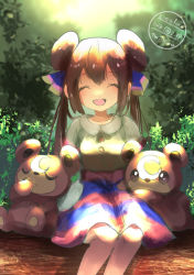 Rule 34 | 1girl, :d, alternate costume, artist name, brown hair, buttons, closed eyes, cocoloco, collarbone, collared shirt, commentary request, creatures (company), double bun, foliage, game freak, gen 2 pokemon, hair bun, long hair, multicolored clothes, multicolored skirt, nintendo, open mouth, pokemon, pokemon (creature), pokemon bw2, rosa (pokemon), shirt, sidelocks, sitting, skirt, smile, teddiursa, twintails, watermark, white shirt