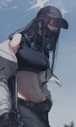 Rule 34 | 1girl, absurdres, baseball cap, belt, black belt, black gloves, black hair, black hat, black mask, black pants, black shirt, blue archive, blue eyes, breasts, buckle, chest harness, coat, crop top, gloves, halo, harness, hat, highres, kyatto-mikazu, large breasts, long hair, mask, midriff, mouth mask, navel, pants, saori (blue archive), shirt, sig 516, sleeveless, sleeveless shirt, snap-fit buckle, white coat