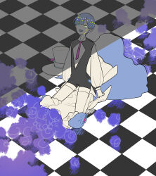 Rule 34 | 1other, :d, ajing073, alice (alice in wonderland), alice (alice in wonderland) (cosplay), apron, black vest, blue dress, blue eyes, blue hair, bowl cut, checkered floor, colored tears, cosplay, crying, dissolving, dress, from above, from side, hat, hat ribbon, heterochromia, highres, houseki no kuni, kneeling, laughing, long sleeves, looking at viewer, mad hatter (alice in wonderland), mad hatter (alice in wonderland) (cosplay), necktie, open mouth, other focus, phosphophyllite, phosphophyllite (ll), puffy long sleeves, puffy short sleeves, puffy sleeves, purple necktie, ribbon, shirt, short hair, short sleeves, smile, solo, tears from one eye, thighhighs, top hat, unworn hat, unworn headwear, vest, white apron, white eyes, white hat, white shirt, white thighhighs