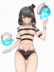 Rule 34 | 1girl, bad id, bad pixiv id, bare shoulders, belt, belt bra, bikini, bikini bottom only, black bikini, black hair, black hat, breasts, closed mouth, commission, cowboy shot, detached sleeves, elsword, eve (2nas) (elsword), eve (elsword), facial mark, g9ls9e1byz9pz9g, gluteal fold, hair ornament, hair over shoulder, hand up, hat, highres, hitodama, long hair, looking at viewer, low twintails, medium breasts, military hat, mini hat, mini top hat, multiple belts, navel, peaked cap, short sleeves, simple background, skindentation, solo, standing, stomach, swimsuit, thigh gap, thighs, top hat, twintails, white background, wristband, yellow eyes