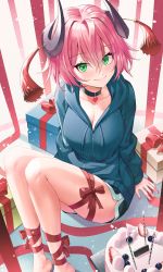Rule 34 | 1girl, absurdres, arm support, bare legs, barefoot, black choker, black shorts, blue jacket, blush, bow, box, breasts, cake, choker, collarbone, commentary request, feet out of frame, fingernails, food, gift, gift box, green eyes, heart, heart choker, highres, horns, huge filesize, jacket, kim nag-seo, knees up, leg ribbon, legs, long sleeves, looking at viewer, medium breasts, mole, mole on breast, nail polish, original, pink hair, pink nails, red bow, red ribbon, ribbon, short hair, short shorts, shorts, sitting, smile, solo, strawberry cake, tassel