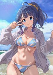 1girl ahoge beach bikini blue_eyes blue_hair blue_sky breasts cleavage closed_mouth commentary_request grey_jacket hair_ornament hair_scrunchie highres jacket kousan large_breasts long_hair long_sleeves looking_at_viewer make_heroine_ga_oo_sugiru! navel ocean official_alternate_costume open_clothes open_jacket outdoors ponytail scrunchie side-tie_bikini_bottom sky smile solo swimsuit v yanami_anna yellow_scrunchie