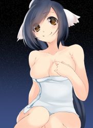 Rule 34 | 1girl, absurdly long hair, animal ears, aquaplus, bare arms, bare legs, bare shoulders, black hair, blush, breasts, brown eyes, cleavage, closed mouth, collarbone, cowboy shot, eyes visible through hair, gradient eyes, hair between eyes, hair over one eye, hand on own chest, high ponytail, knees together feet apart, kuon (utawarerumono), large breasts, long hair, multicolored eyes, oh dun dun, ponytail, raised eyebrows, sidelocks, smile, solo, swept bangs, thighs, towel, utawarerumono, utawarerumono: itsuwari no kamen, very long hair