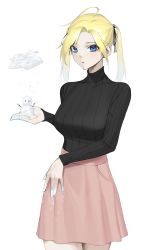Rule 34 | 1girl, absurdres, bad id, bad pixiv id, black shirt, blonde hair, blue eyes, carol (cyphers), cloud, cowboy shot, cyphers, highres, long hair, long sleeves, looking at viewer, nail polish, norunollu, pink skirt, shirt, simple background, skirt, snowman, solo, twintails, white background, white nails